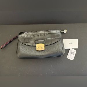 New Coach Flap Clutch Black Pebble with Cranberry Croc Embossed Leather F67497